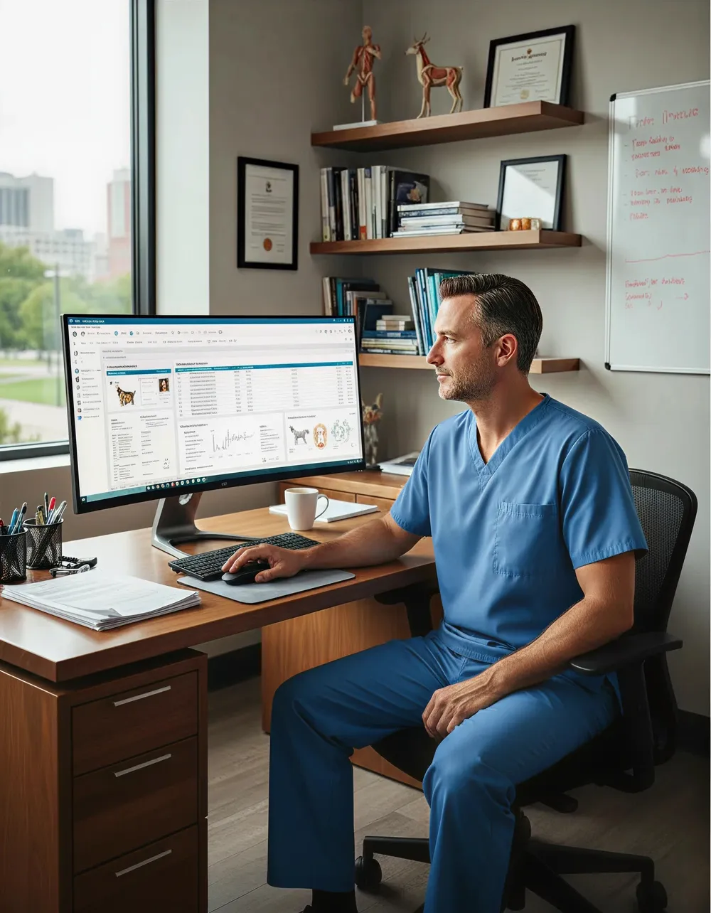 Vétérinaire utilisant Vetomatic sur ordinateur